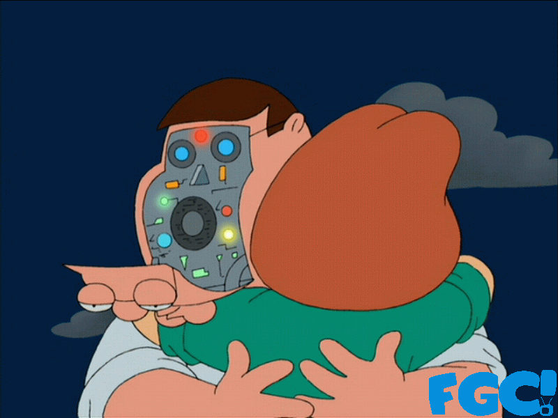 Peter Griffin as a robot hugging Lois on Family Guy